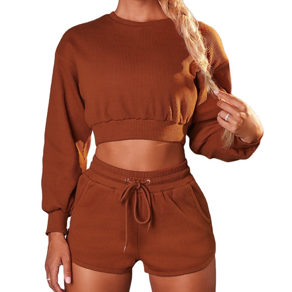 Long-Sleeved Top and Fitness shorts Two-Piece set