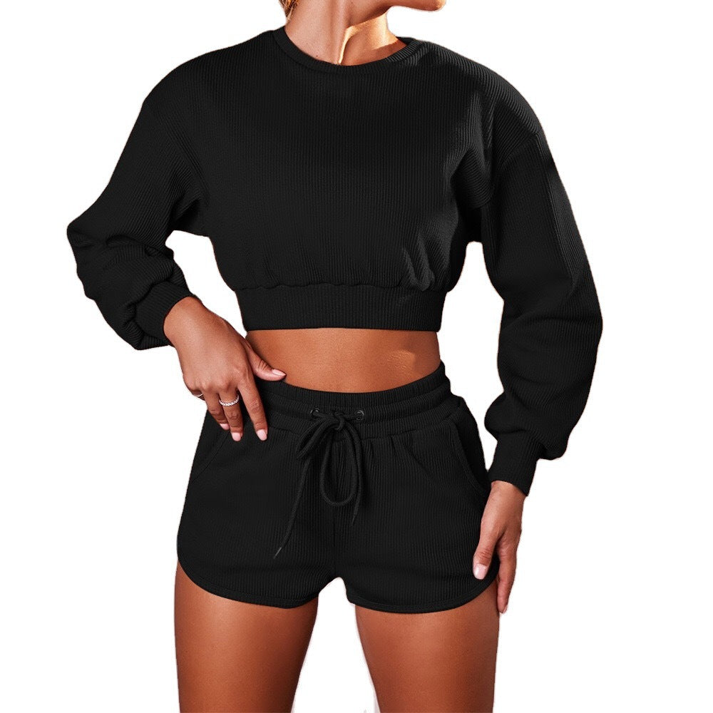 Long-Sleeved Top and Fitness shorts Two-Piece set