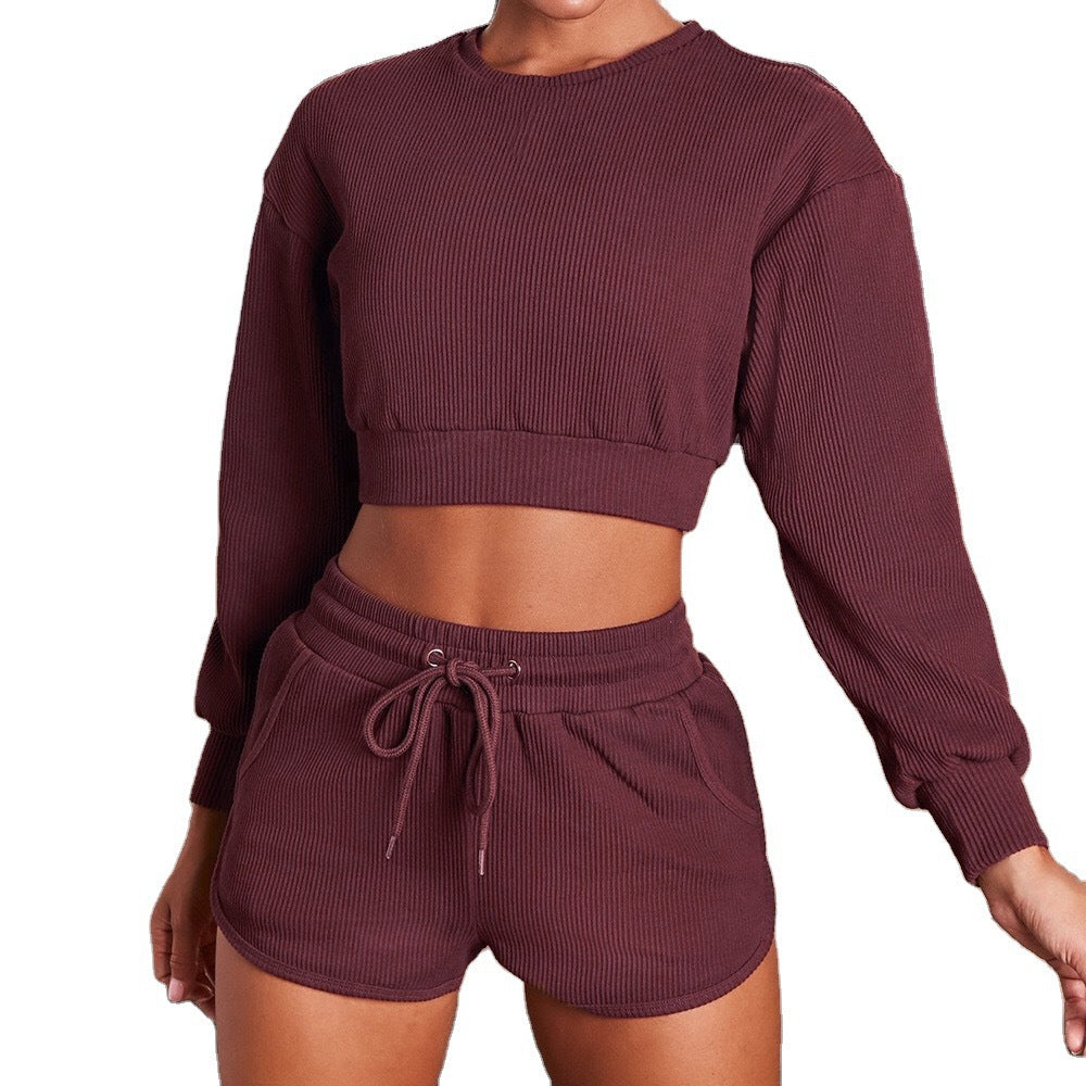 Long-Sleeved Top and Fitness shorts Two-Piece set