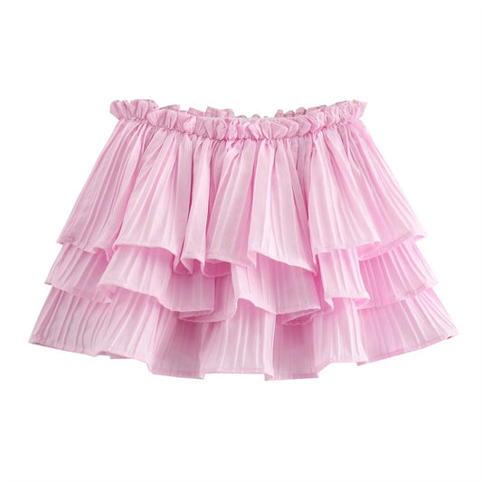 Sweet and fresh elastic waist layered decoration pink half skirt for women