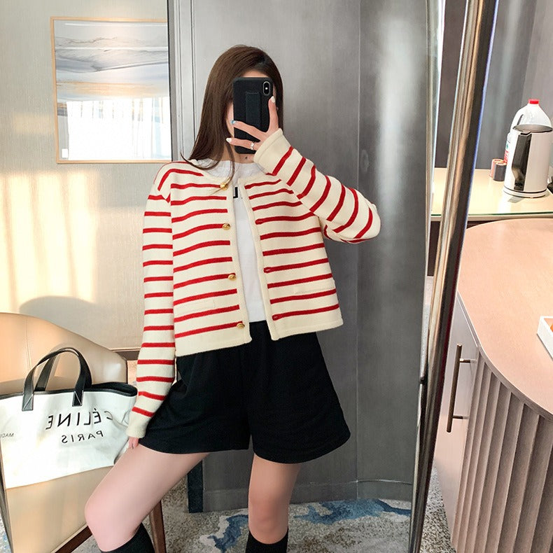 Spring/Summer New French Style Fragrant Round Neck Striped Knitted Cardigan Short Coat Overlay Top Long Sleeve Sweater