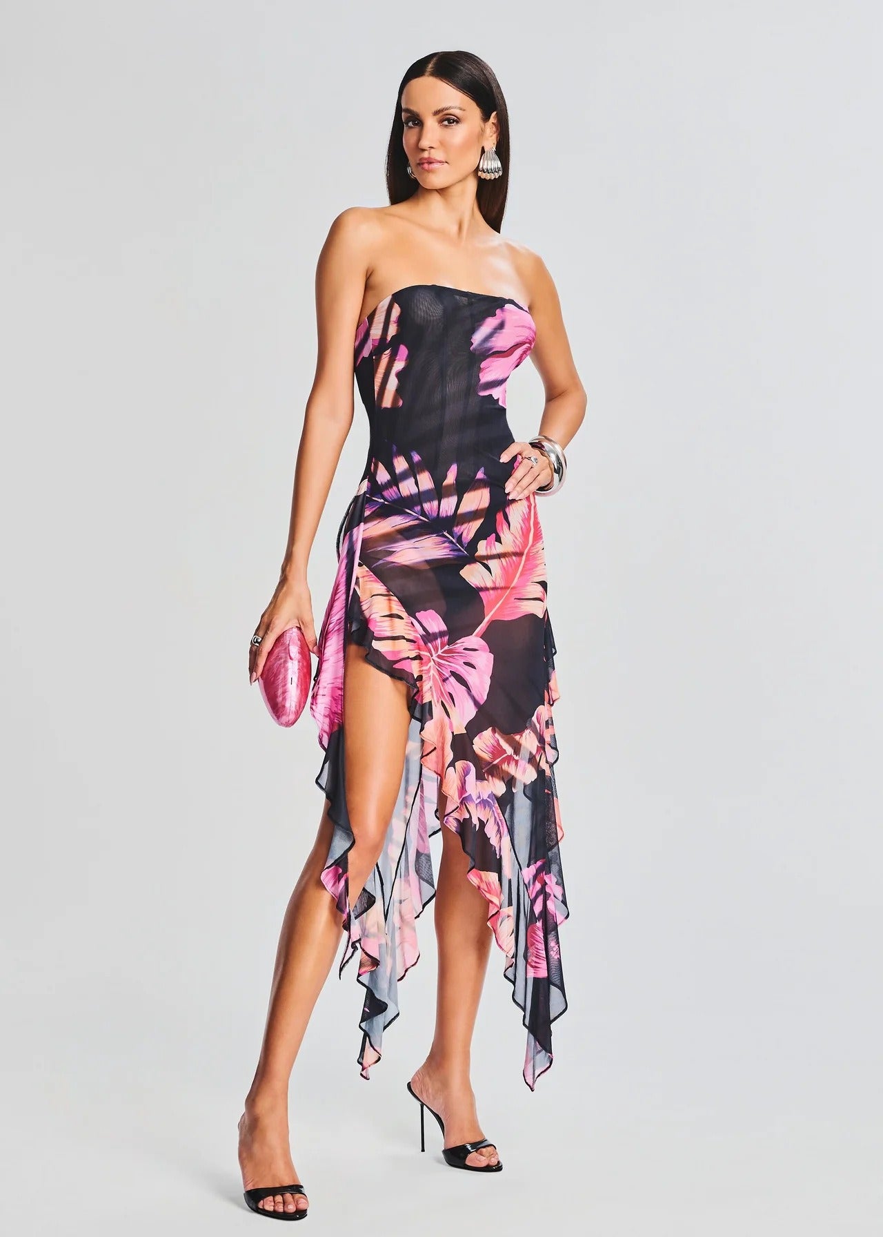 Slim dress printed flowers and palms patterns