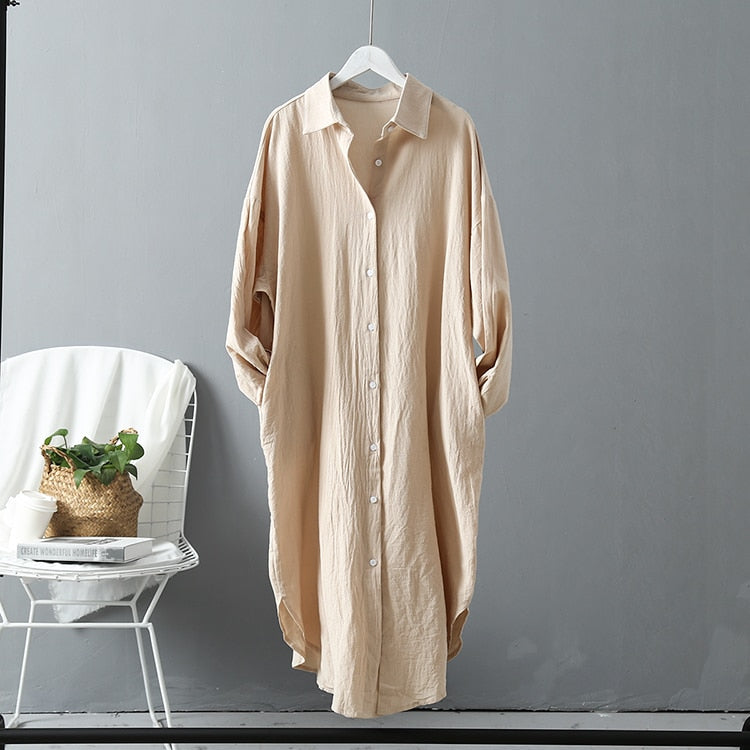 Syiwidii Woman Long Shirt Dress Cotton Loose Korean Clothing Summer Autumn Khaki White Blue Oversized Pure Midi Dresses