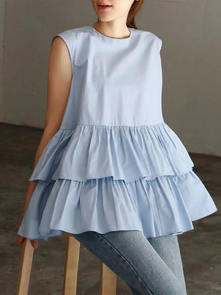 Women  ruffles blouse woman cake layer doll loose shirt summer fashion sleeveless