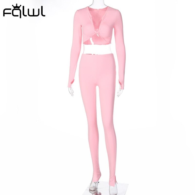 FQLWL Casual Summer 2 Two Piece Set Women Pink Outfit Long Sleeve Crop Top Leggings Women Joggers Matching Sets Ladies Tracksuit