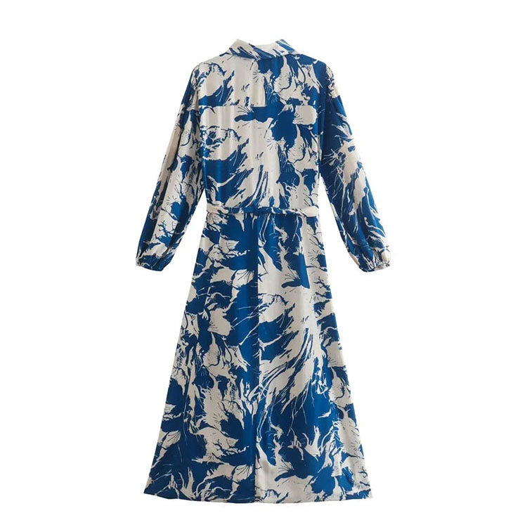 Fashion Woman Printed Shirt Dress Vintege Turn Down Collar Long Sleeve Dress With Belt Summer Causal Dresses