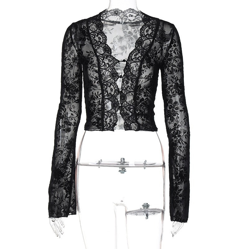 Fashionable printed sexy mesh lace cardigan T-shirt