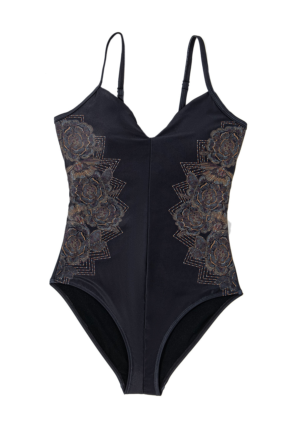 Black Flower Print Crisscross Backless Spaghetti Straps Swimsuit