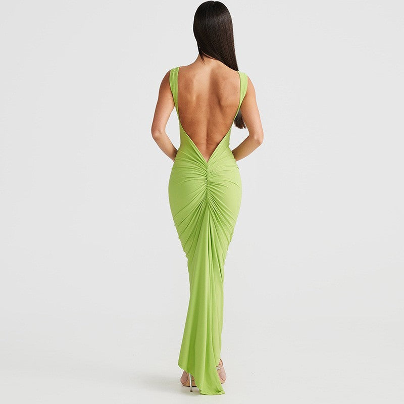 Fashion Backless Straps Long Sheath Pleated Dress