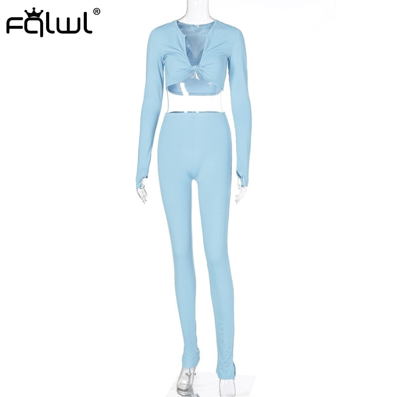 FQLWL Casual Summer 2 Two Piece Set Women Pink Outfit Long Sleeve Crop Top Leggings Women Joggers Matching Sets Ladies Tracksuit