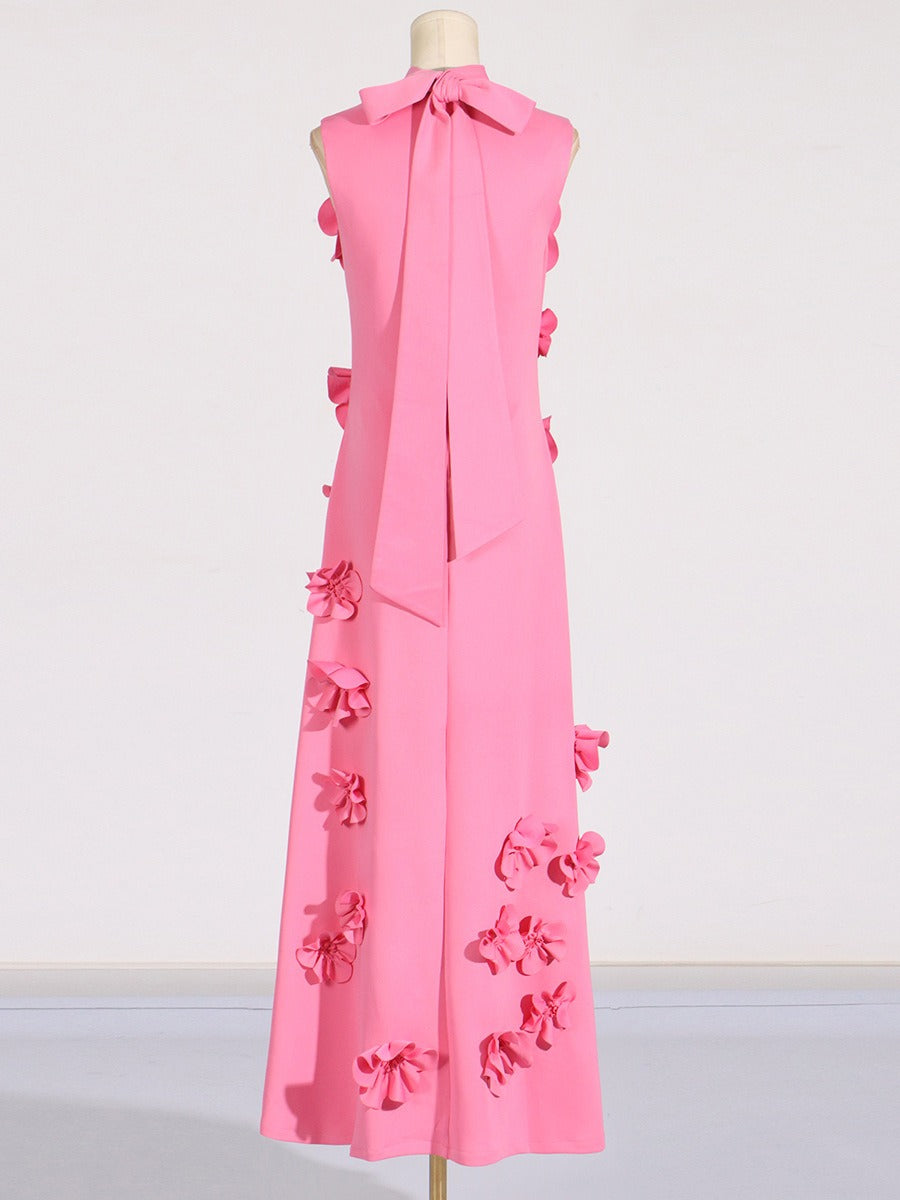 Standing collar sleeveless design three-dimensional flower long solid color dress