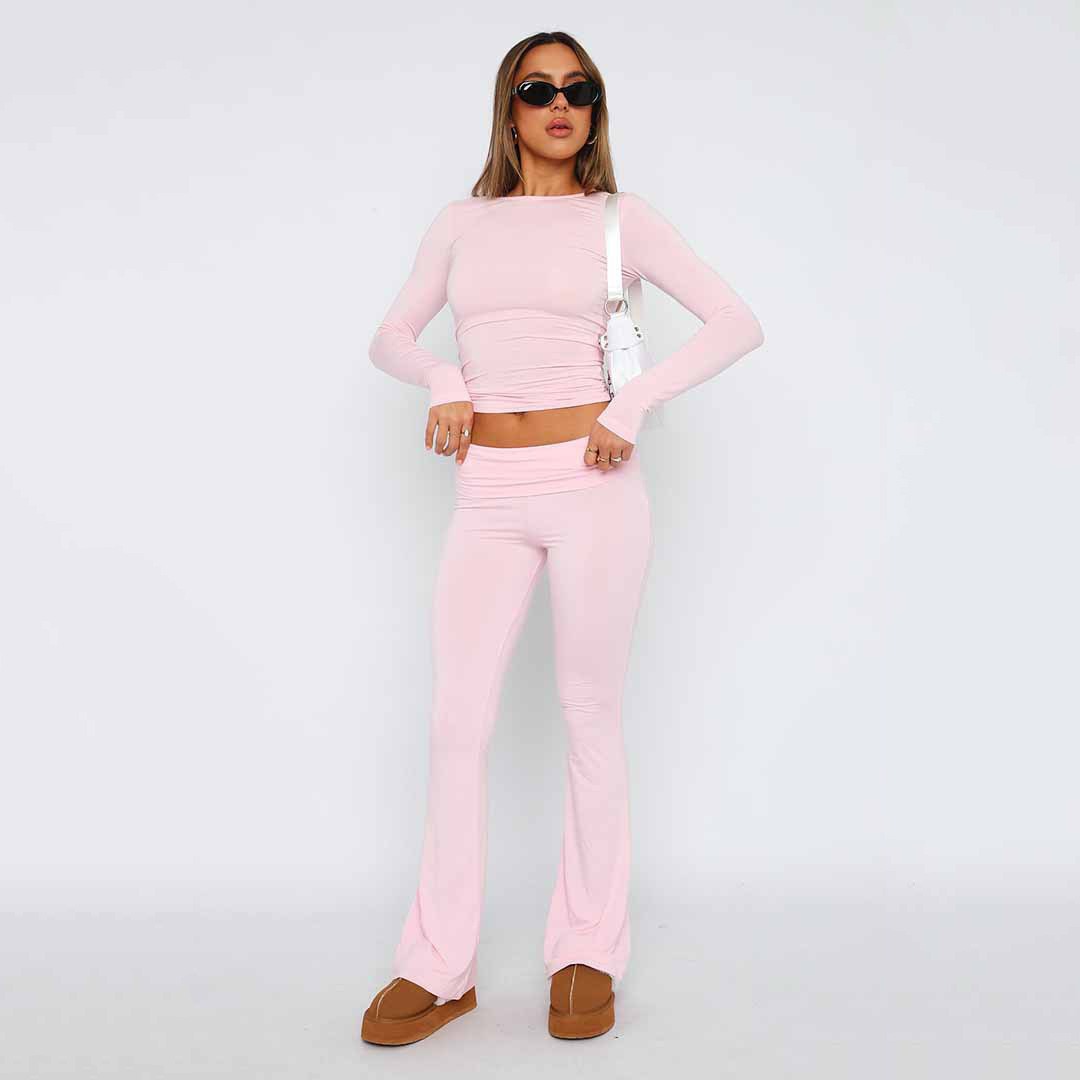 Solid Colour Comfortable  Low Waist Flare Pants with matching top