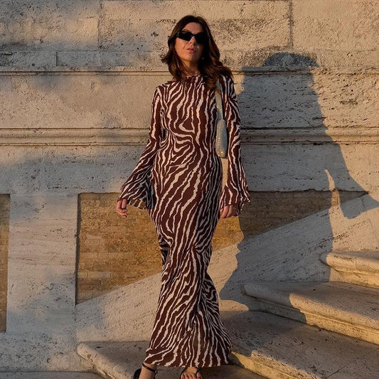 Zebra Print Long Mesh Dress Women Long Sleeve Loose Party Dresses Chiffon