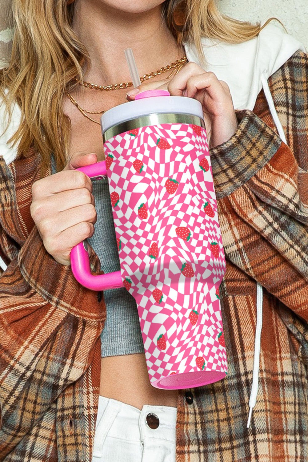 Rose Red Strawberry & Checkered Print Handled Tumbler 40oz