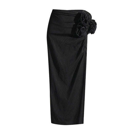 Sexy skirt three-dimensional flower stitching high waist slit skirt for women