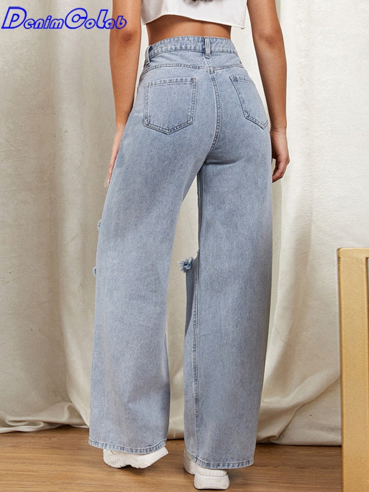 Hole Washed Wide Leg Pants Jeans Women Loose Boyfriend Jeans 100% Cotton Mom Jeans Casual Trousers Denim Pants