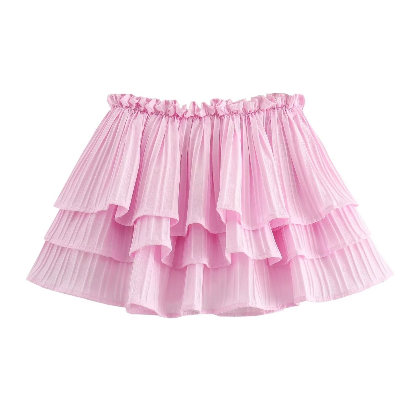 Sweet and fresh elastic waist layered decoration pink half skirt for women