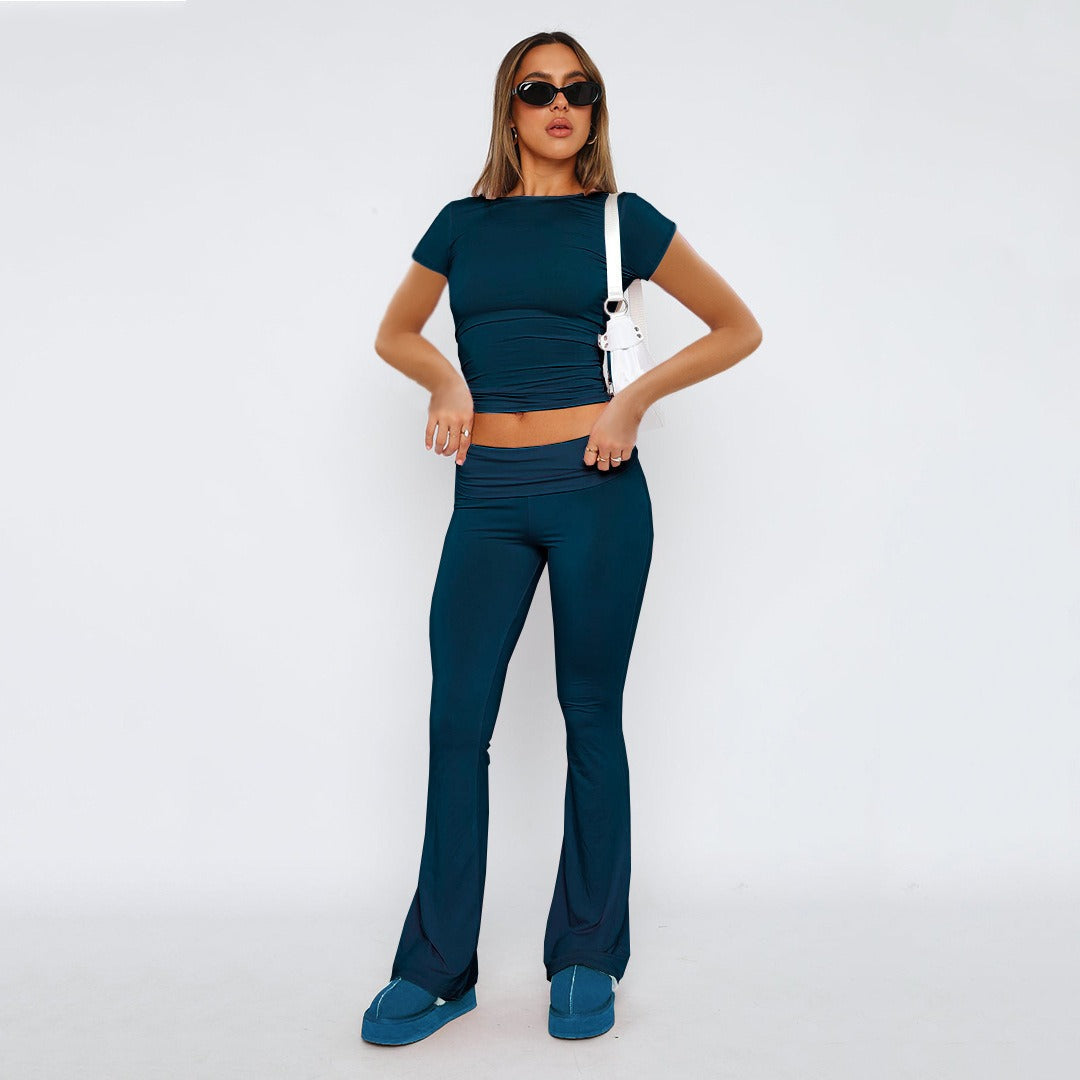 Solid Colour Comfortable  Low Waist Flare Pants with matching top