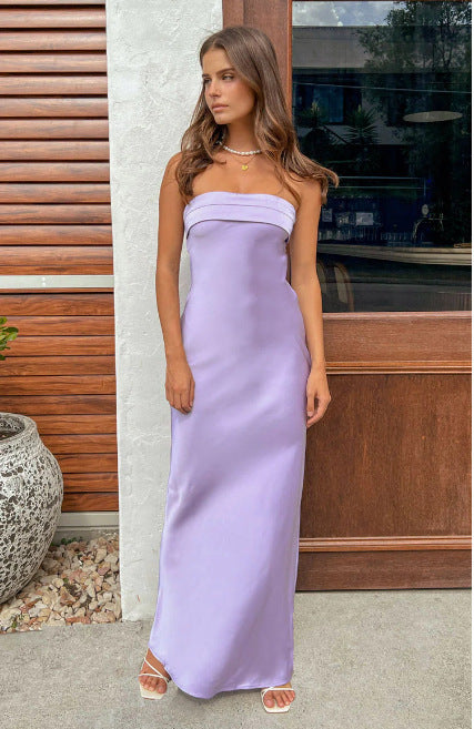 Summer Women's Solid Color Chest-wrapped Elastic Backless Knitted Satin Dress