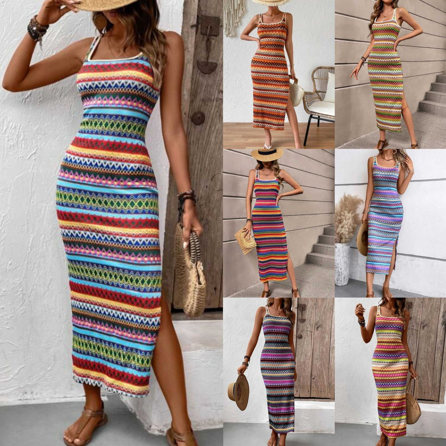 Fashion Casual Striped Sleeveless Square Collar Dress Women