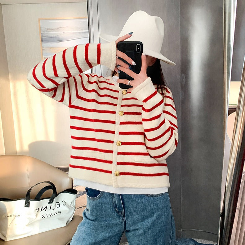 Spring/Summer New French Style Fragrant Round Neck Striped Knitted Cardigan Short Coat Overlay Top Long Sleeve Sweater