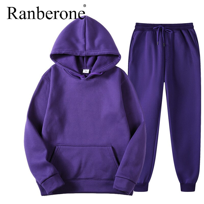 Ranberone 2Pcs Sport Suit Fitness Solid Color Women's Tracksuits Hooded Pullover Sweatshirt Casual Pants Sets Sportswear Male