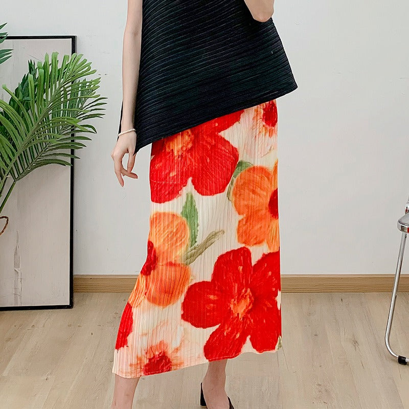 Red midi skirt pleated skirt for women, summer high waist retro printed bag hip skirt