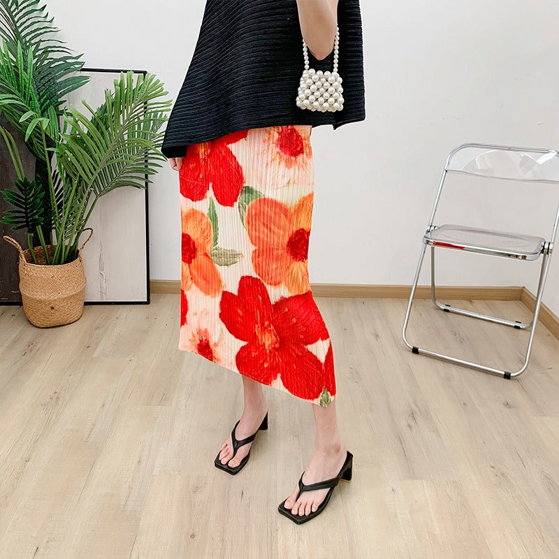 Red midi skirt pleated skirt for women, summer high waist retro printed bag hip skirt