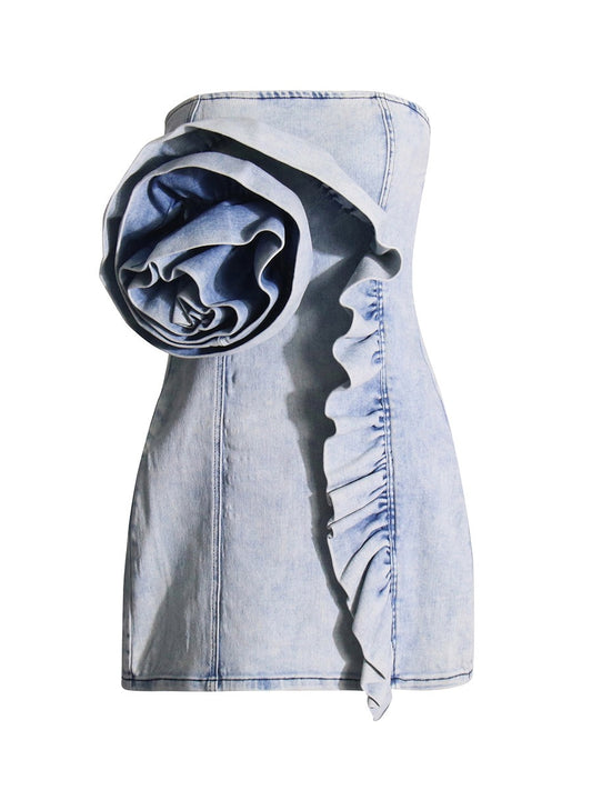 Folded and ruffled design with a strapless dress, new slim fit and slimming short denim skirt for women