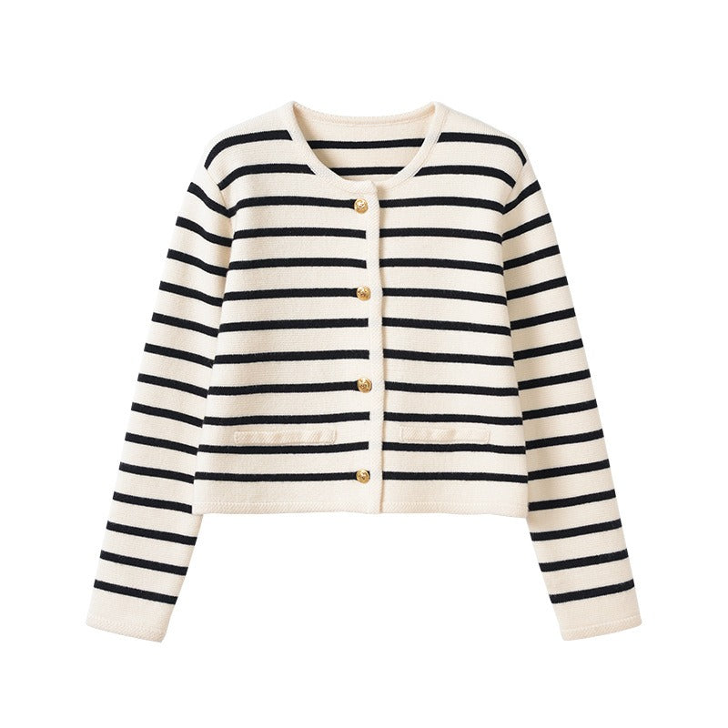 Spring/Summer New French Style Fragrant Round Neck Striped Knitted Cardigan Short Coat Overlay Top Long Sleeve Sweater