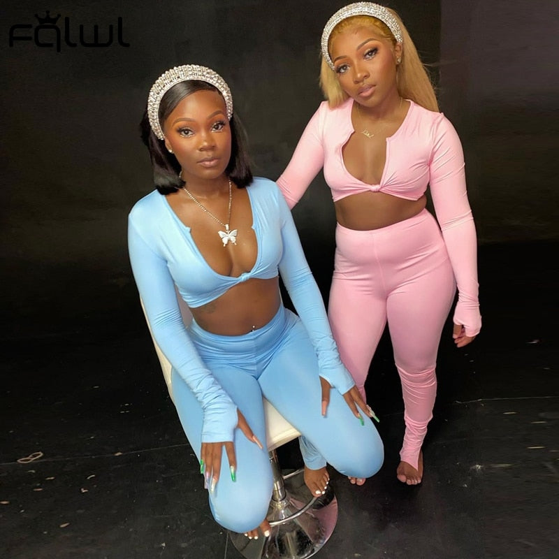 FQLWL Casual Summer 2 Two Piece Set Women Pink Outfit Long Sleeve Crop Top Leggings Women Joggers Matching Sets Ladies Tracksuit