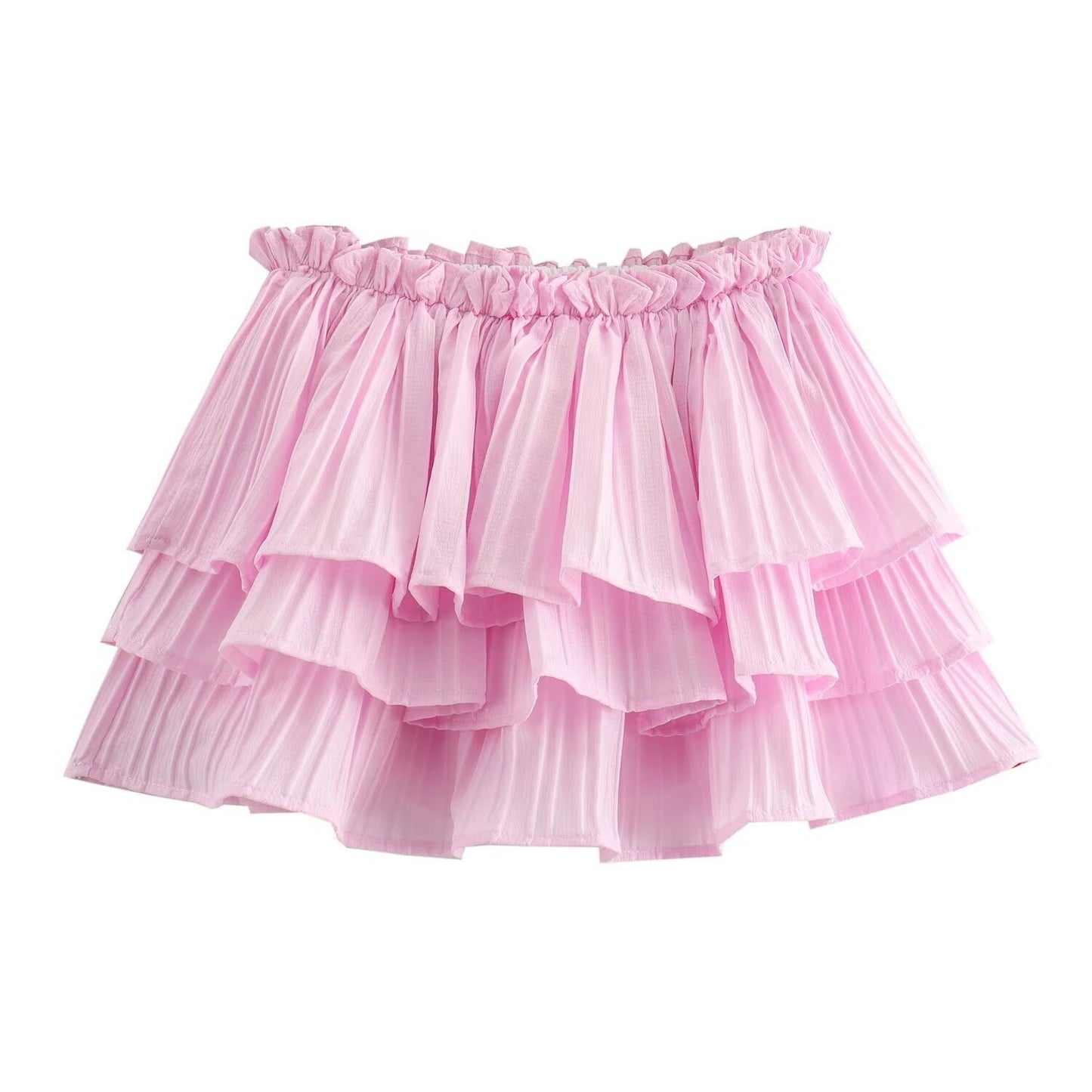 Sweet and fresh elastic waist layered decoration pink half skirt for women