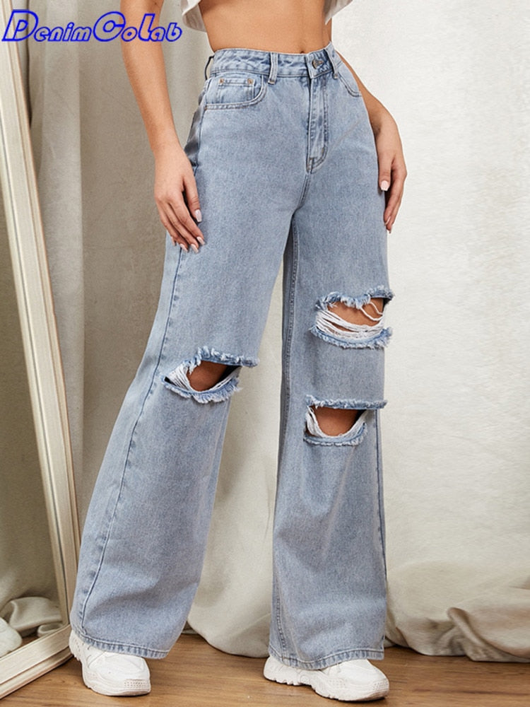 Hole Washed Wide Leg Pants Jeans Women Loose Boyfriend Jeans 100% Cotton Mom Jeans Casual Trousers Denim Pants