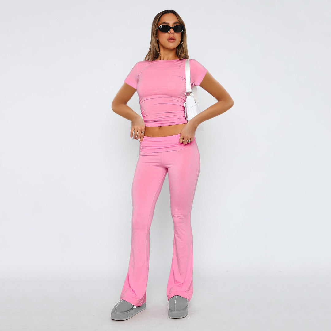 Solid Colour Comfortable  Low Waist Flare Pants with matching top