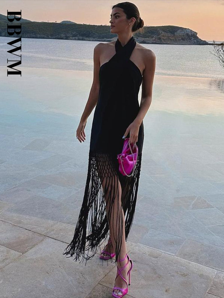 Tassels Halter Dress Women Black Vintage Backless Midi Dress Woman Sexy Off Shoulder Dresses 2023 Summer New Chic Female Dress