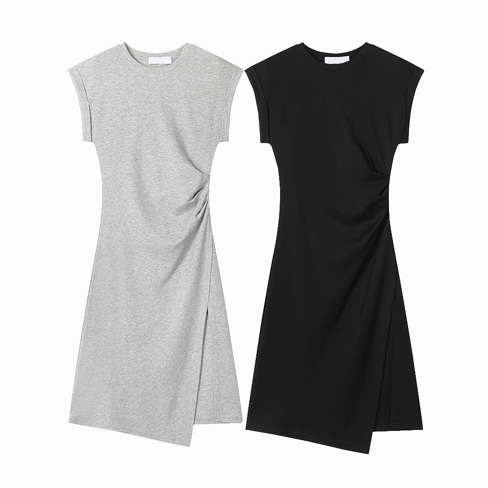 Crimp Waist Split Thread T-shirt Dress Women's Round Neck Top