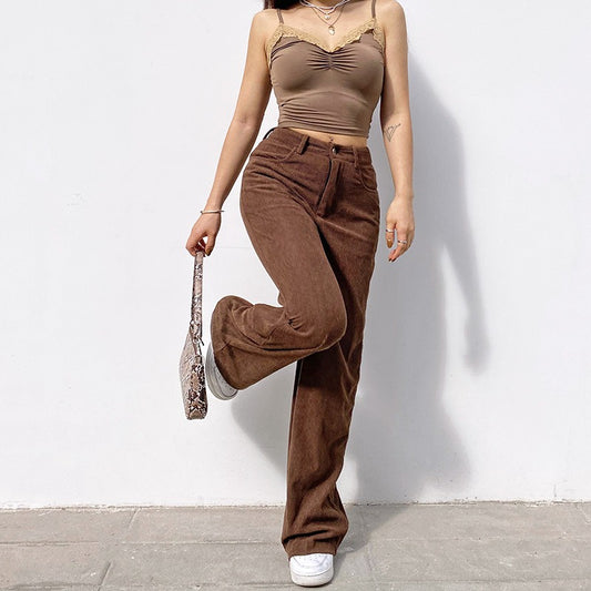 Retro Solid Corduroy High Waist Wide Leg Casual Pants Women's Basic Loose Pants