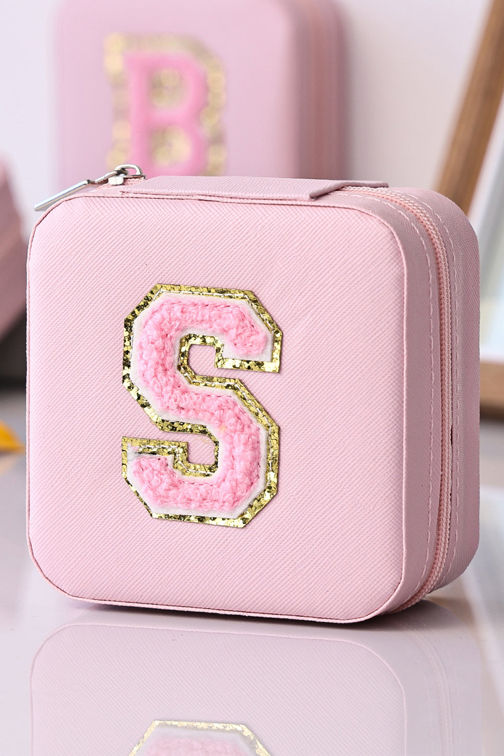 Pink Chenille Letter S Square Jewelry Case with Mirror