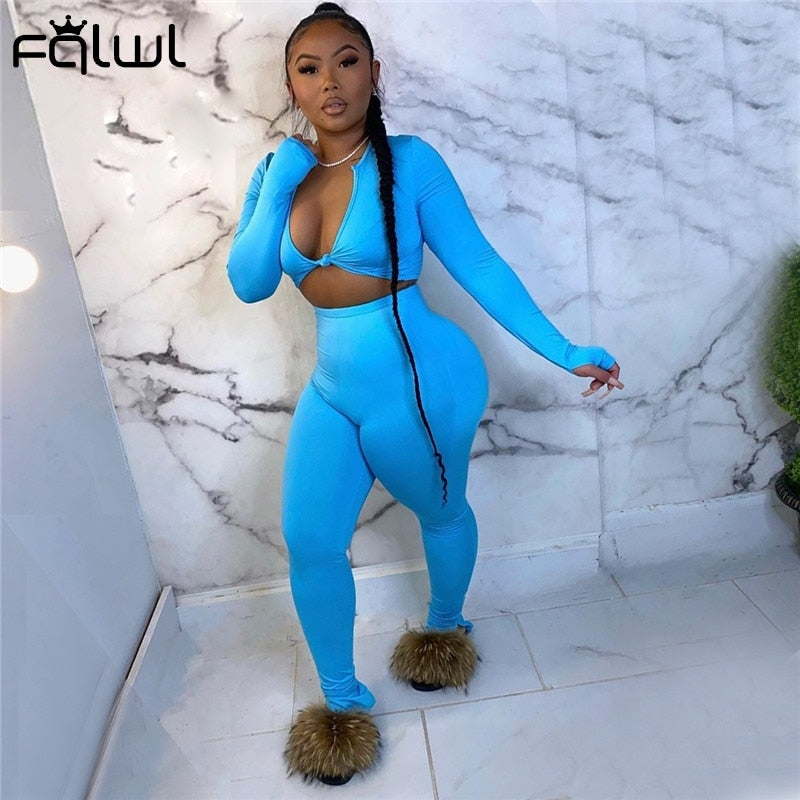 FQLWL Casual Summer 2 Two Piece Set Women Pink Outfit Long Sleeve Crop Top Leggings Women Joggers Matching Sets Ladies Tracksuit