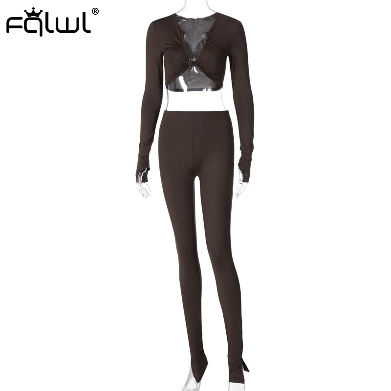 FQLWL Casual Summer 2 Two Piece Set Women Pink Outfit Long Sleeve Crop Top Leggings Women Joggers Matching Sets Ladies Tracksuit