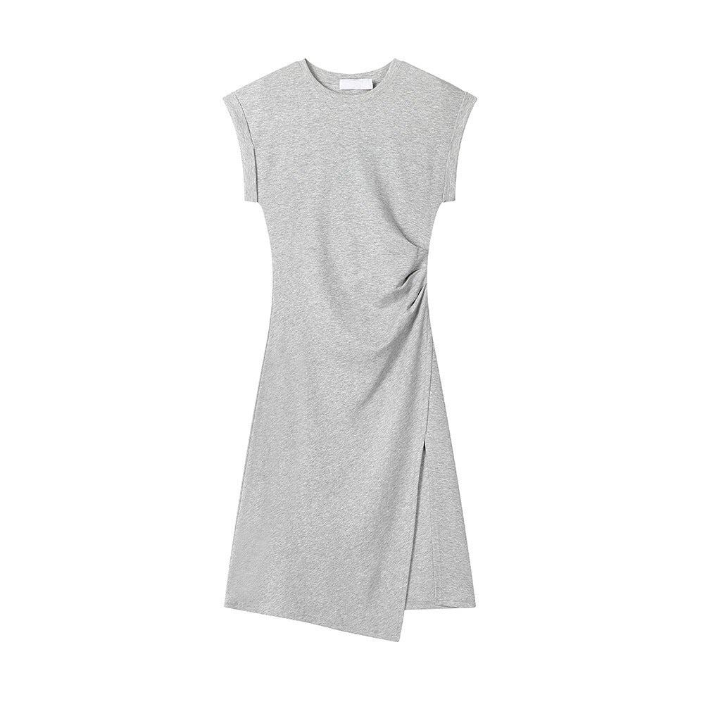 Crimp Waist Split Thread T-shirt Dress Women's Round Neck Top