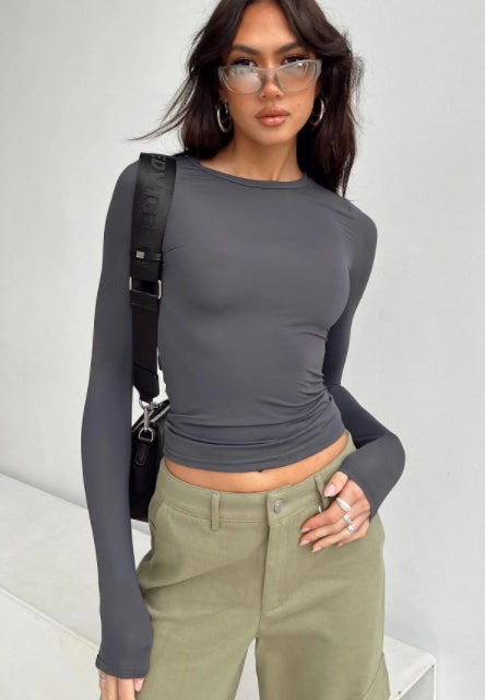 Women's Slim Long-sleeved Pullovers Tops Solid Causal Fit Shirts