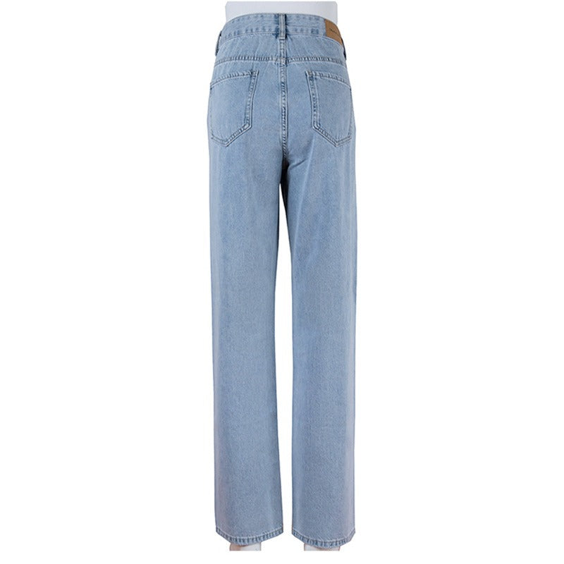 Blue Ripped Holes Straight Jeans, Loose Fit Slant Pockets Non-Stretch