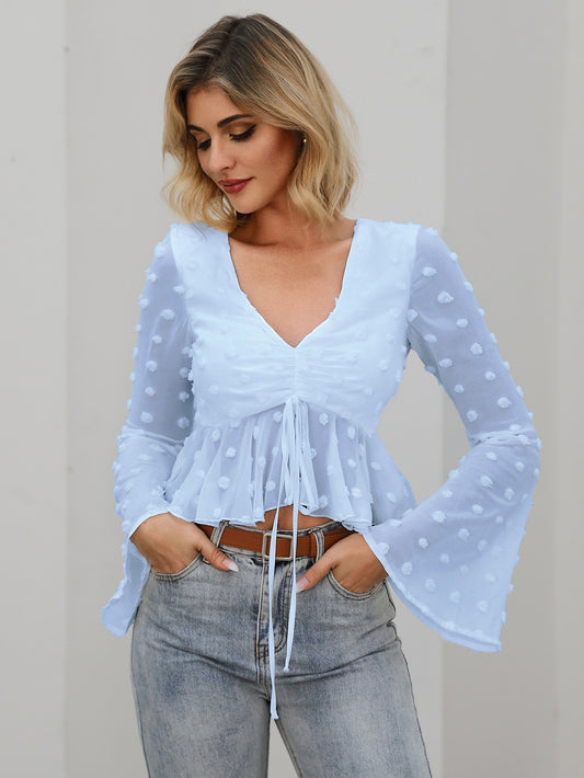 women's trumpet sleeve tops long sleeves polka dot lace-up ruffled shirt short style