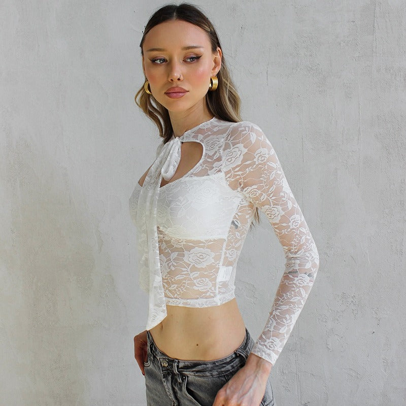 Solid color lace long sleeved tied hollow sexy top