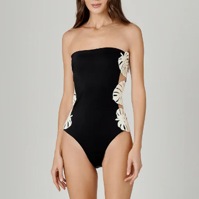 black and white strapless leaf patchwork hollow one-piece swimsuit set for women