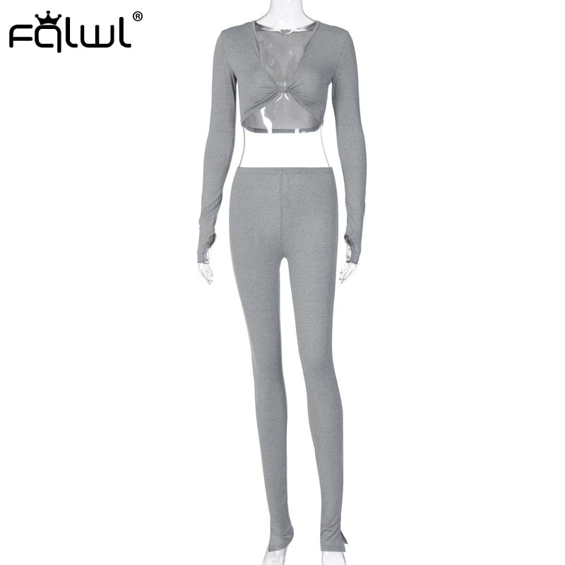 FQLWL Casual Summer 2 Two Piece Set Women Pink Outfit Long Sleeve Crop Top Leggings Women Joggers Matching Sets Ladies Tracksuit