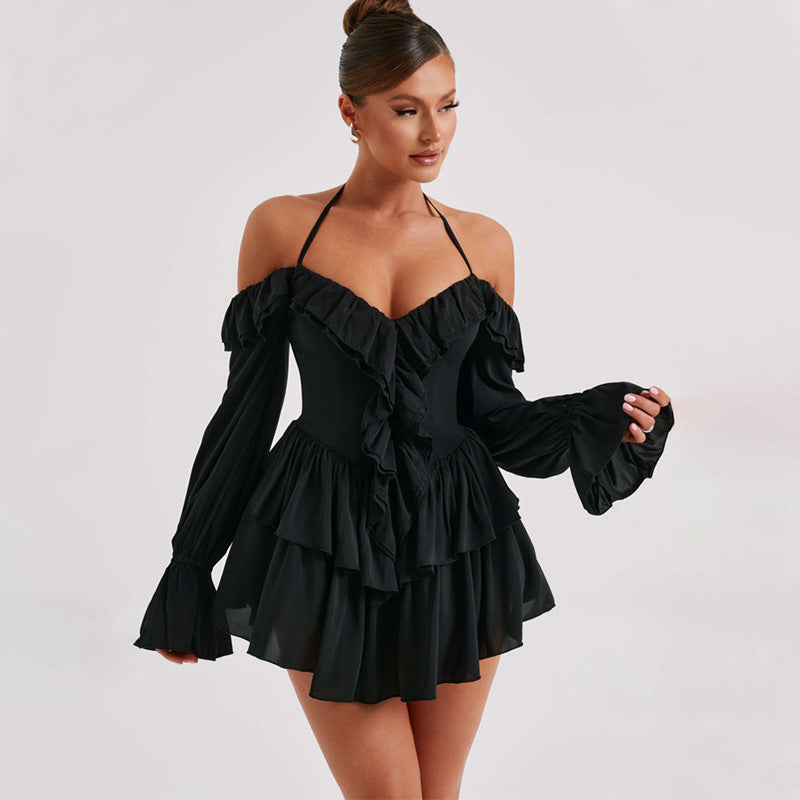 Women's Ruffled Long-sleeved One-piece Shorts