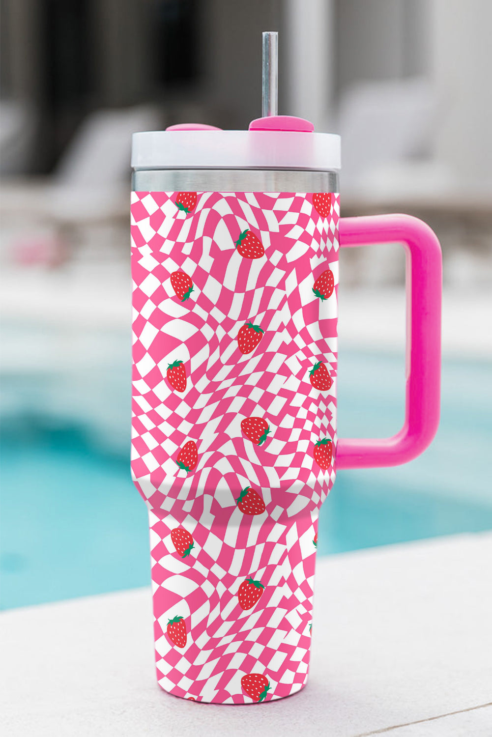 Rose Red Strawberry & Checkered Print Handled Tumbler 40oz