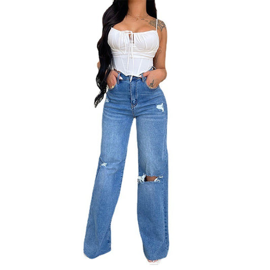 Women's Jeans Loose Casual High Waist Wide Leg Pants Fashion Street Ripped Plus Size Mom Denim Trousers  Ladies Pants